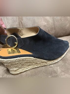 kanna Black Suede Espadrille Wedge Mule with Gold Buckle
